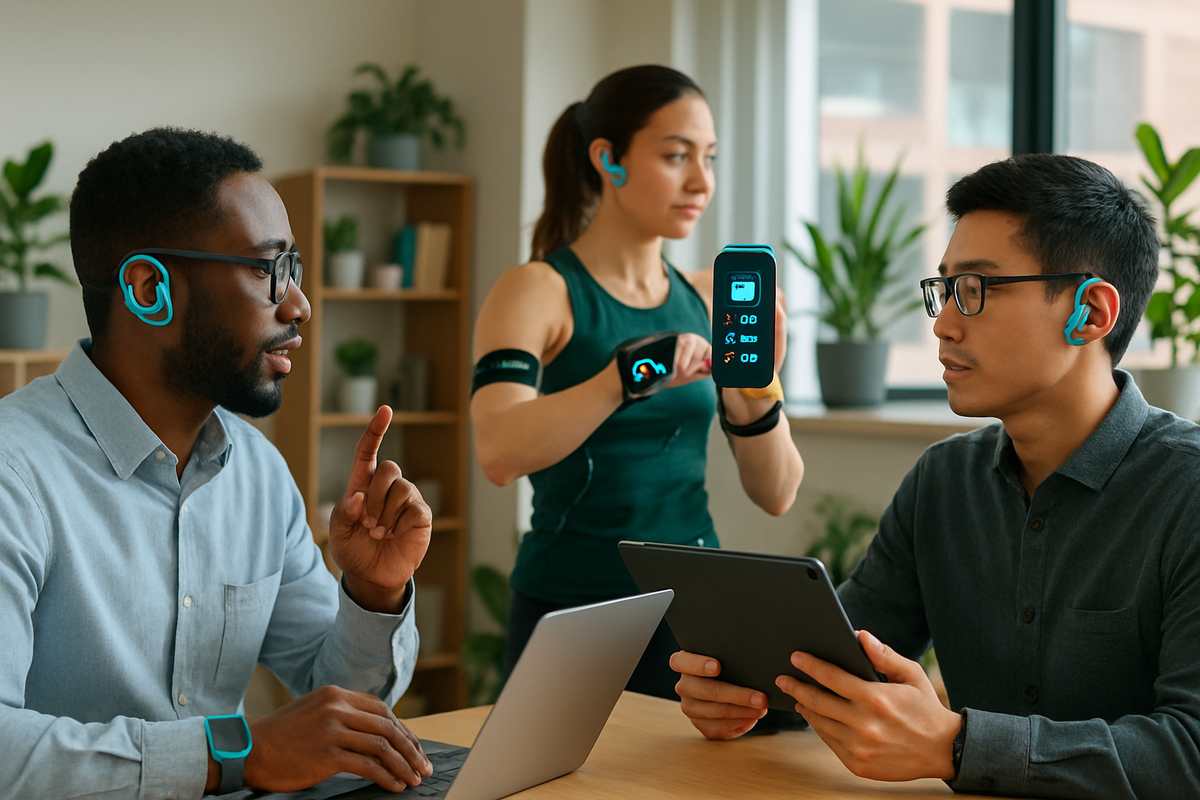 The image shows two people using devices while a third person presents data on a screen in a modern, plant-filled office setting.