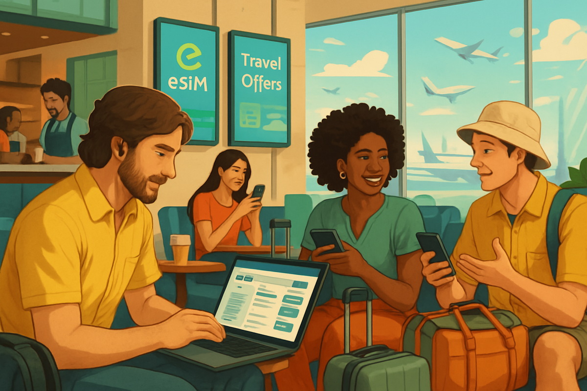 The image shows a group of diverse people in an airport lounge using their devices and discussing travel offers.