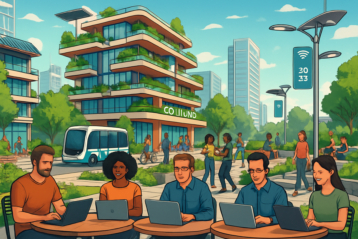 The image depicts a vibrant, modern urban environment with people working on laptops at outdoor tables, surrounded by greenery and futuristic buildings.