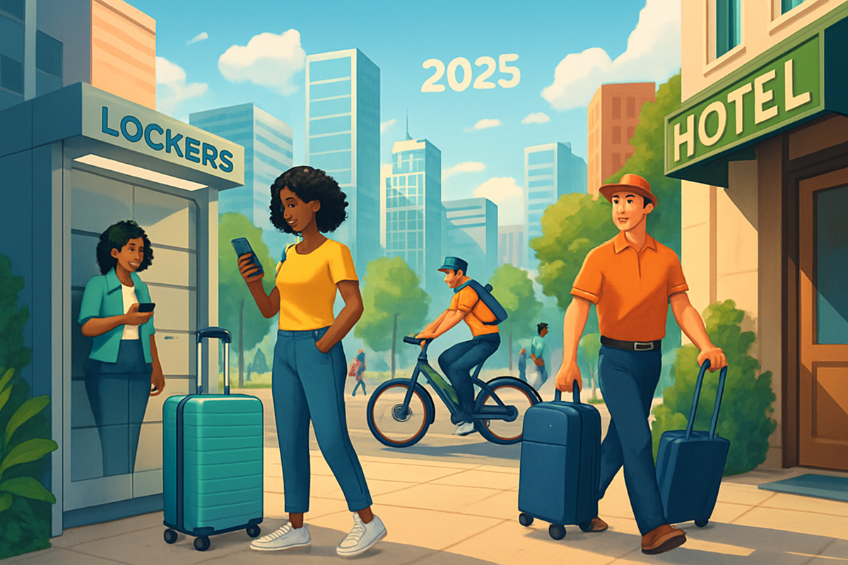 The image depicts a vibrant urban scene in 2025 with people interacting near lockers, a hotel, and a cyclist, showcasing modern travel convenience.