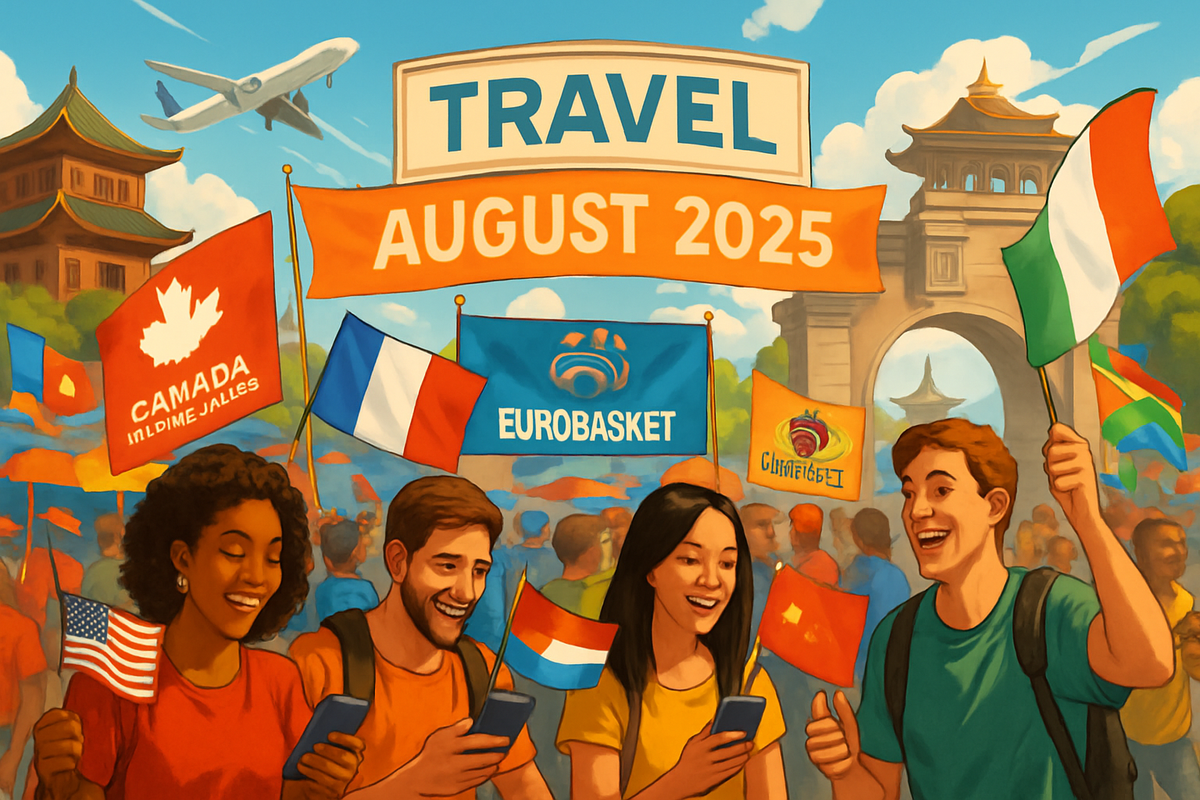 The image depicts a vibrant scene of diverse people celebrating travel in August 2025, holding flags from various countries and enjoying the moment.