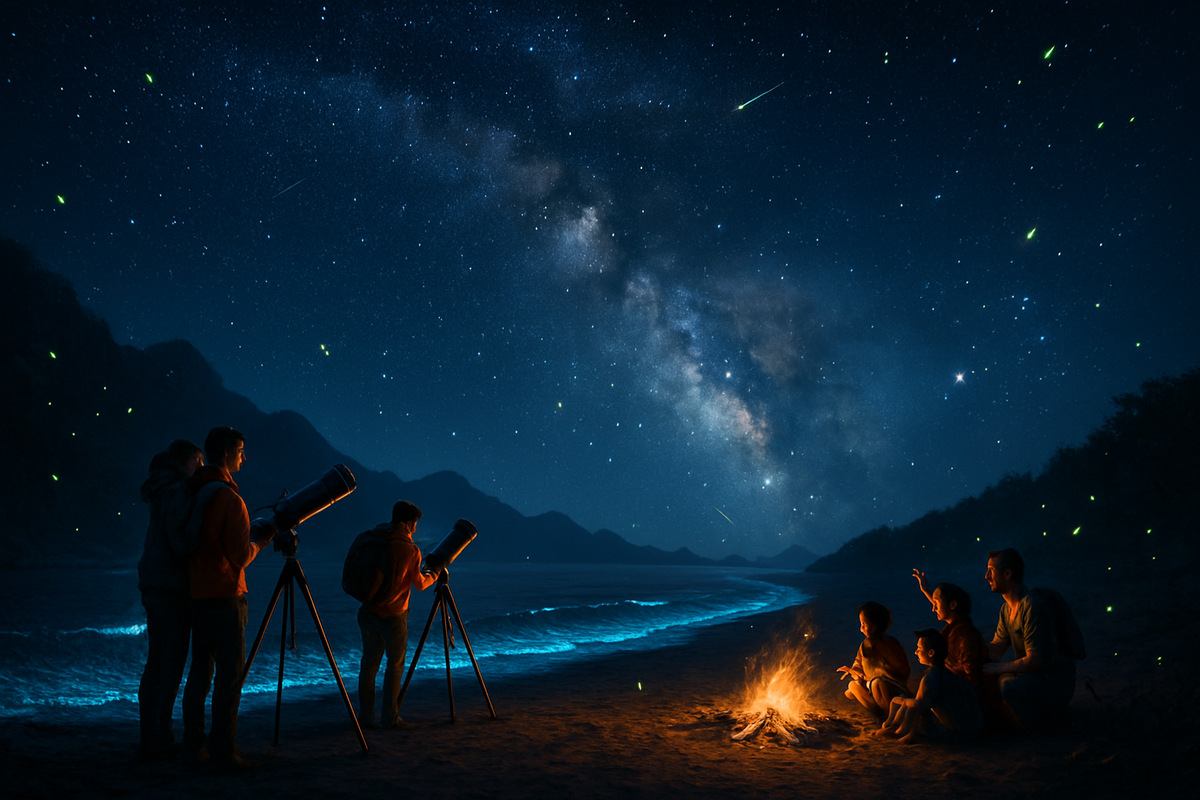 A group of people is stargazing by the beach near a campfire, surrounded by a starry sky and the Milky Way with visible meteors.