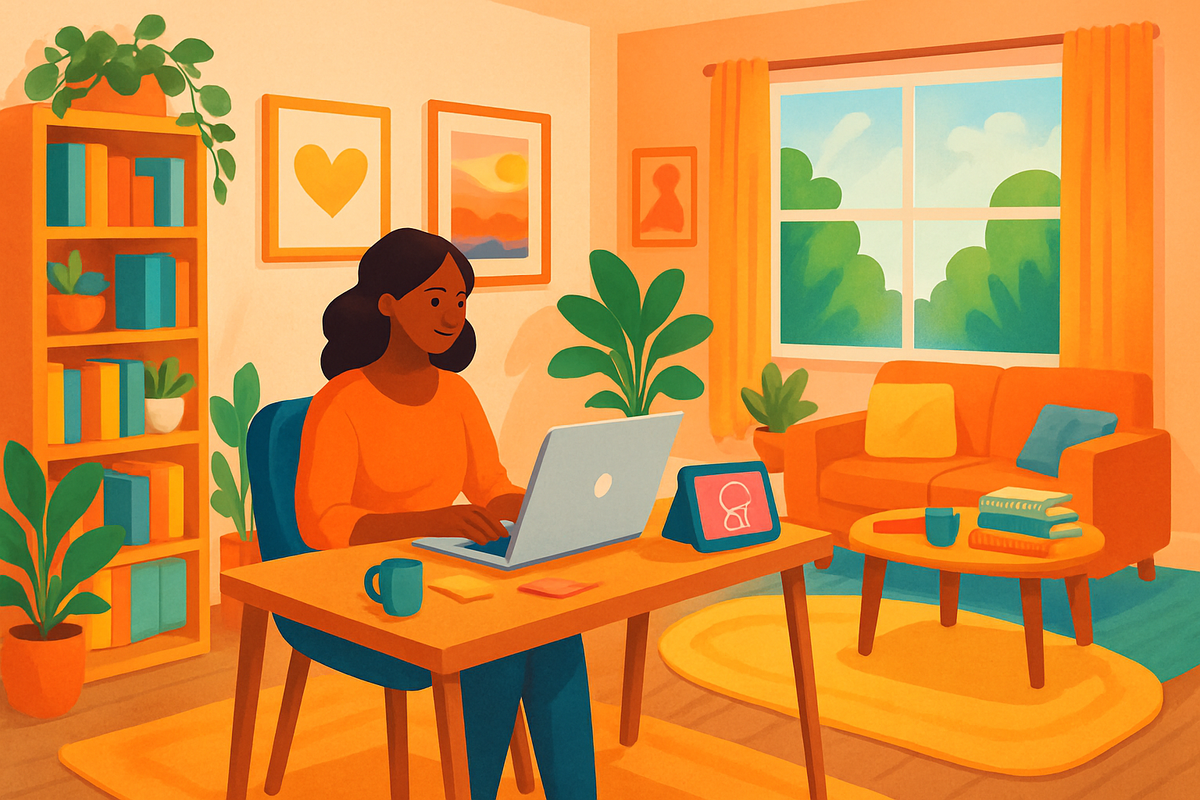The image depicts a woman working on a laptop at a cozy desk in a bright, well-decorated living room filled with plants and warm colors.