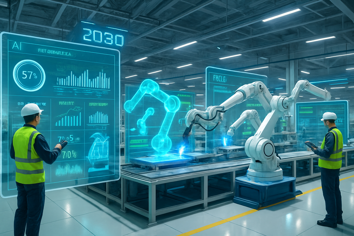 The image depicts two workers in a modern factory overseeing robotic arms and digital data displays in a futuristic industrial environment.