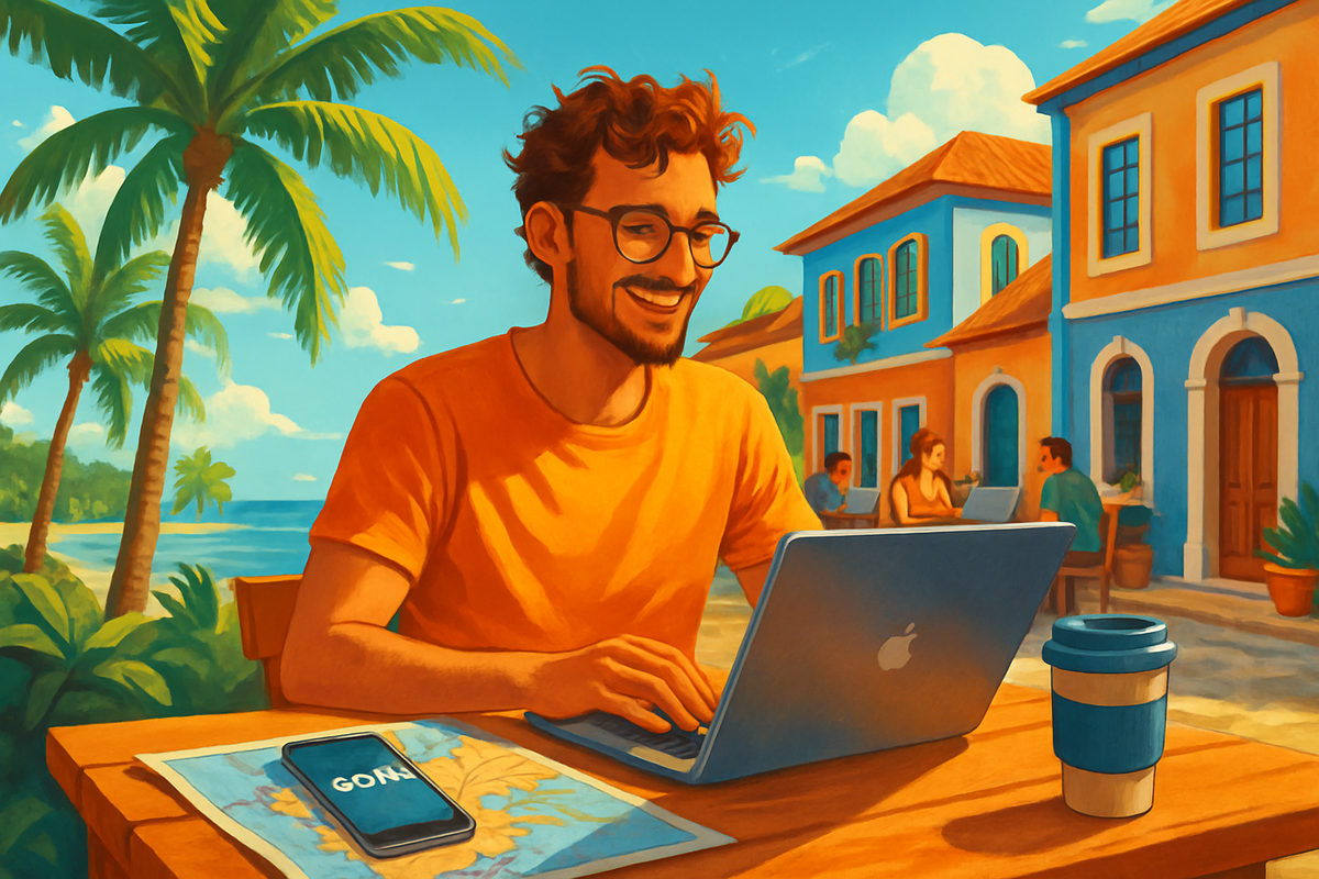 A man in an orange shirt smiles while working on a laptop at a tropical café with palm trees and colorful buildings in the background.