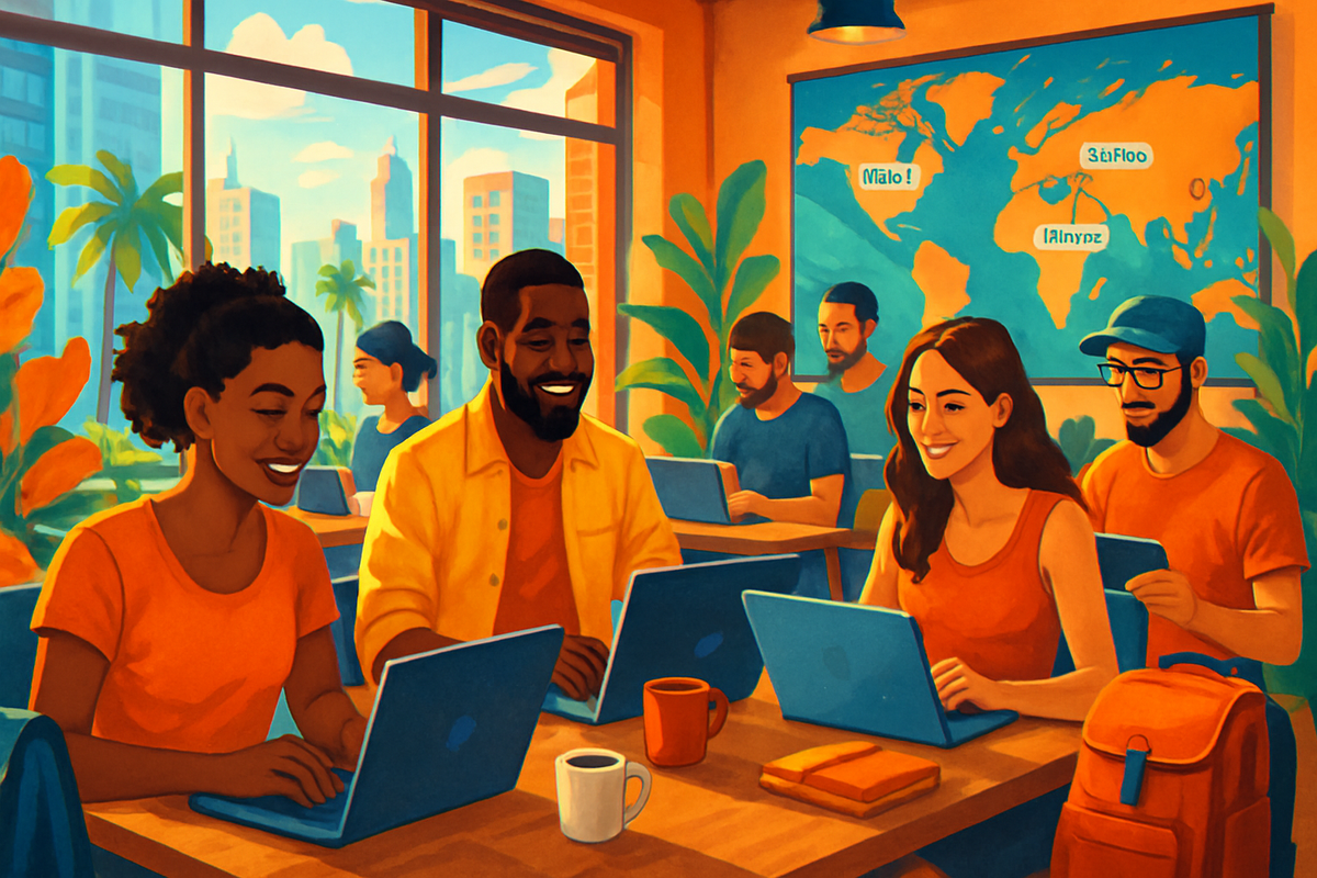 The image depicts a vibrant workspace with diverse individuals engaged in laptop use, surrounded by a bright atmosphere and a world map on the wall.