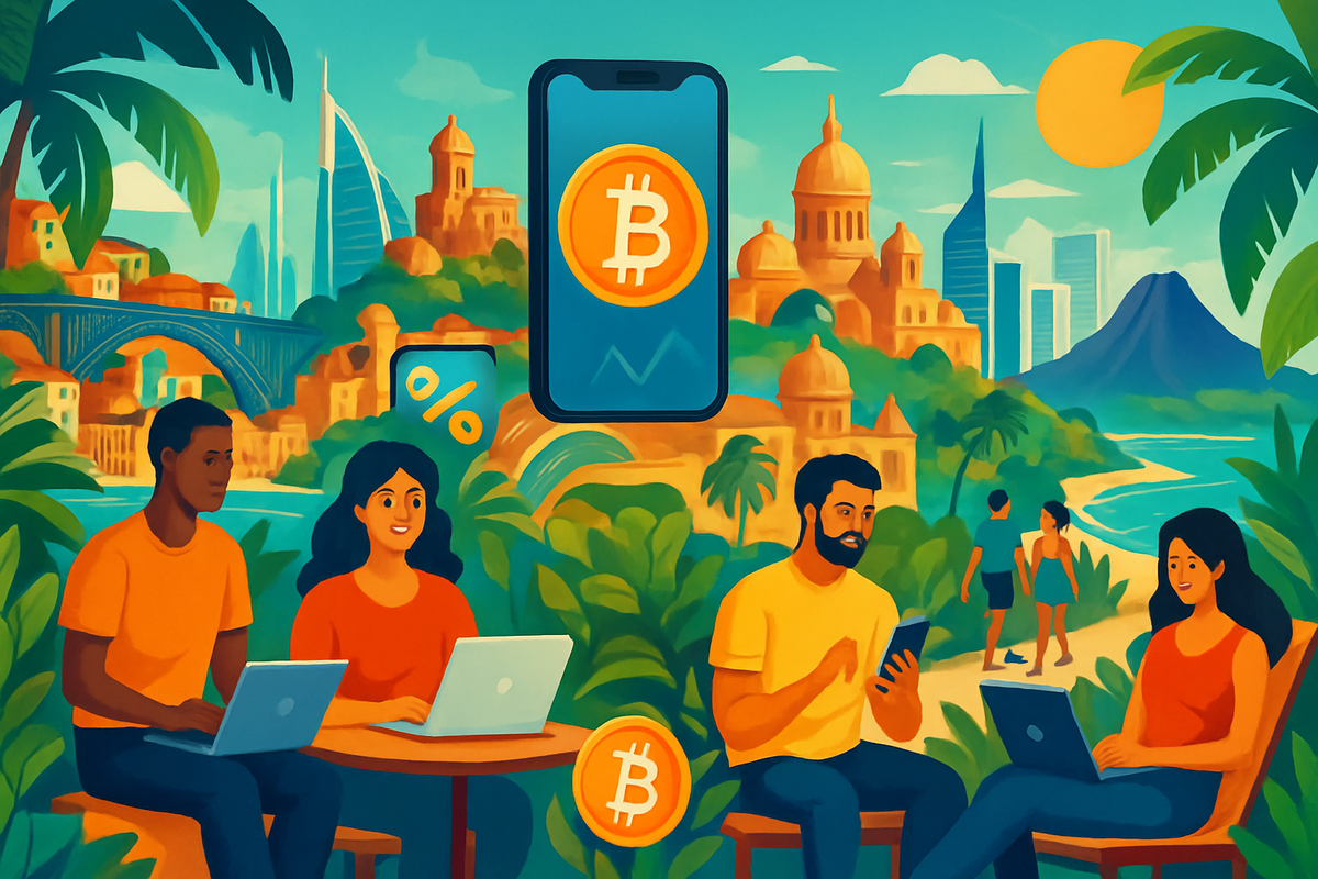 The image depicts a vibrant, tropical scene with four people engaging with technology and cryptocurrency symbols, set against a backdrop of a city skyline and lush landscapes.
