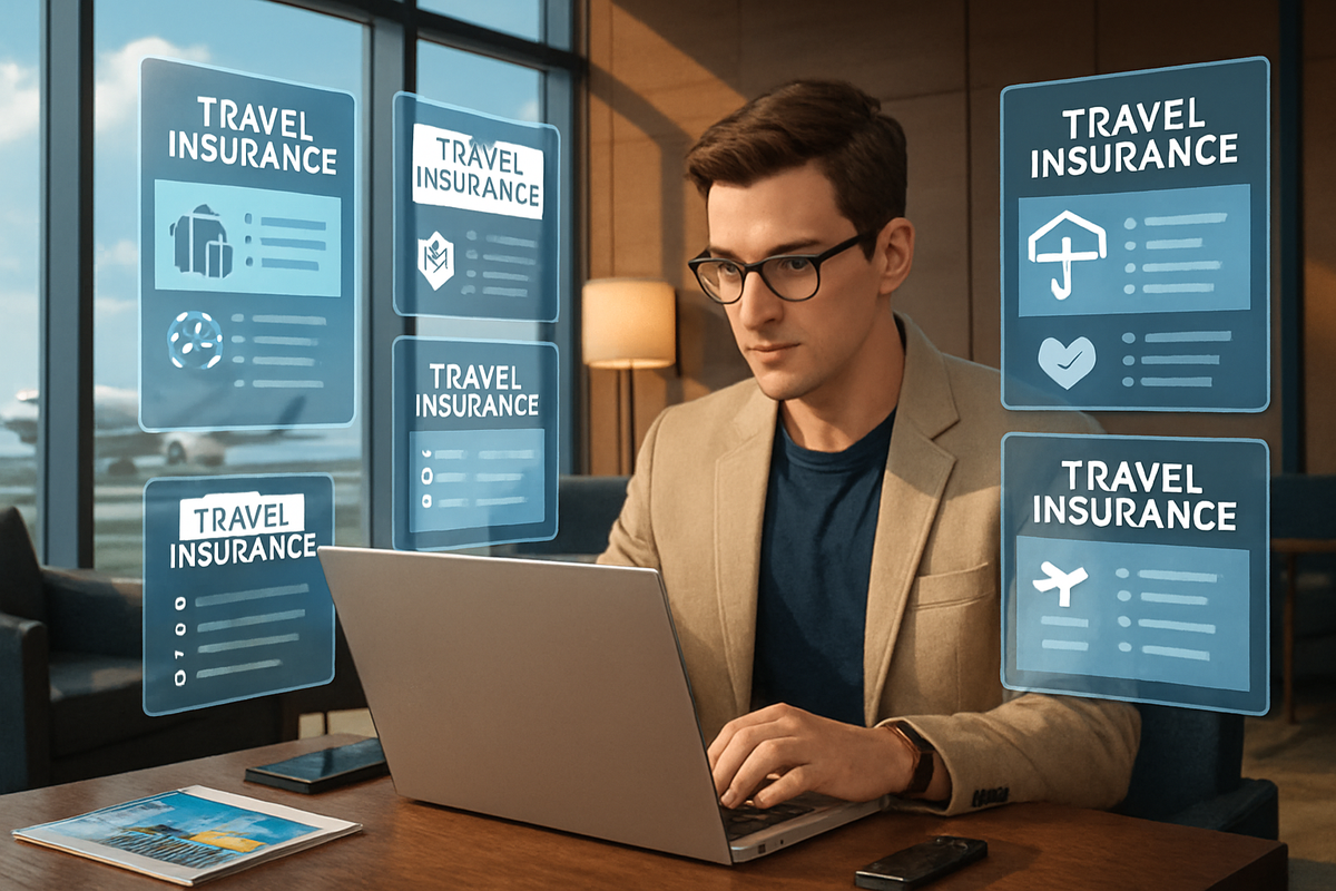 A man is seated at a table with a laptop, reviewing travel insurance options displayed as holographic screens in an airport setting.