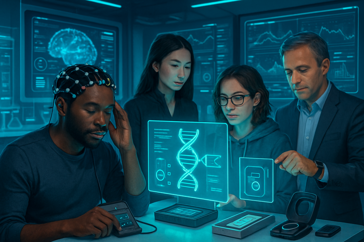 The image features a diverse group of individuals engaged in advanced technological research, with a focus on brain activity and genetic data displayed on holographic screens.