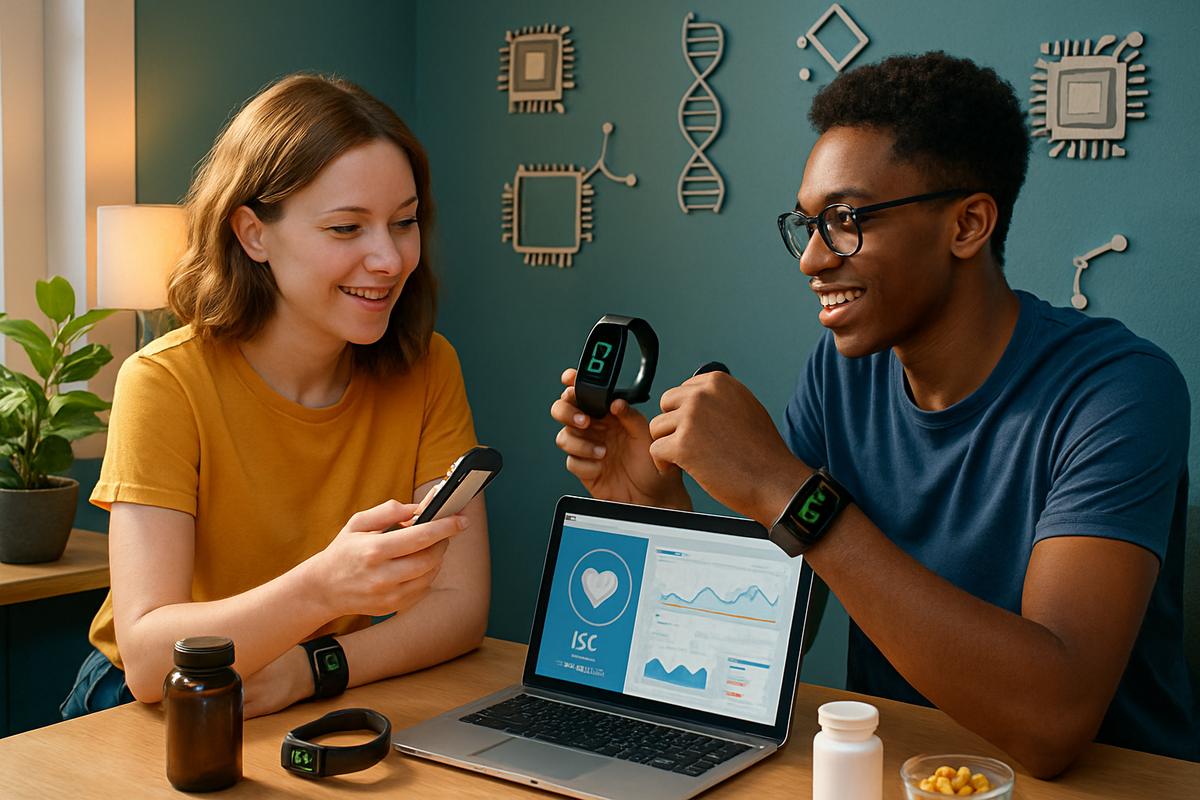 Two young adults are smiling and interacting with smartwatches while sitting at a desk with a laptop and some snacks.