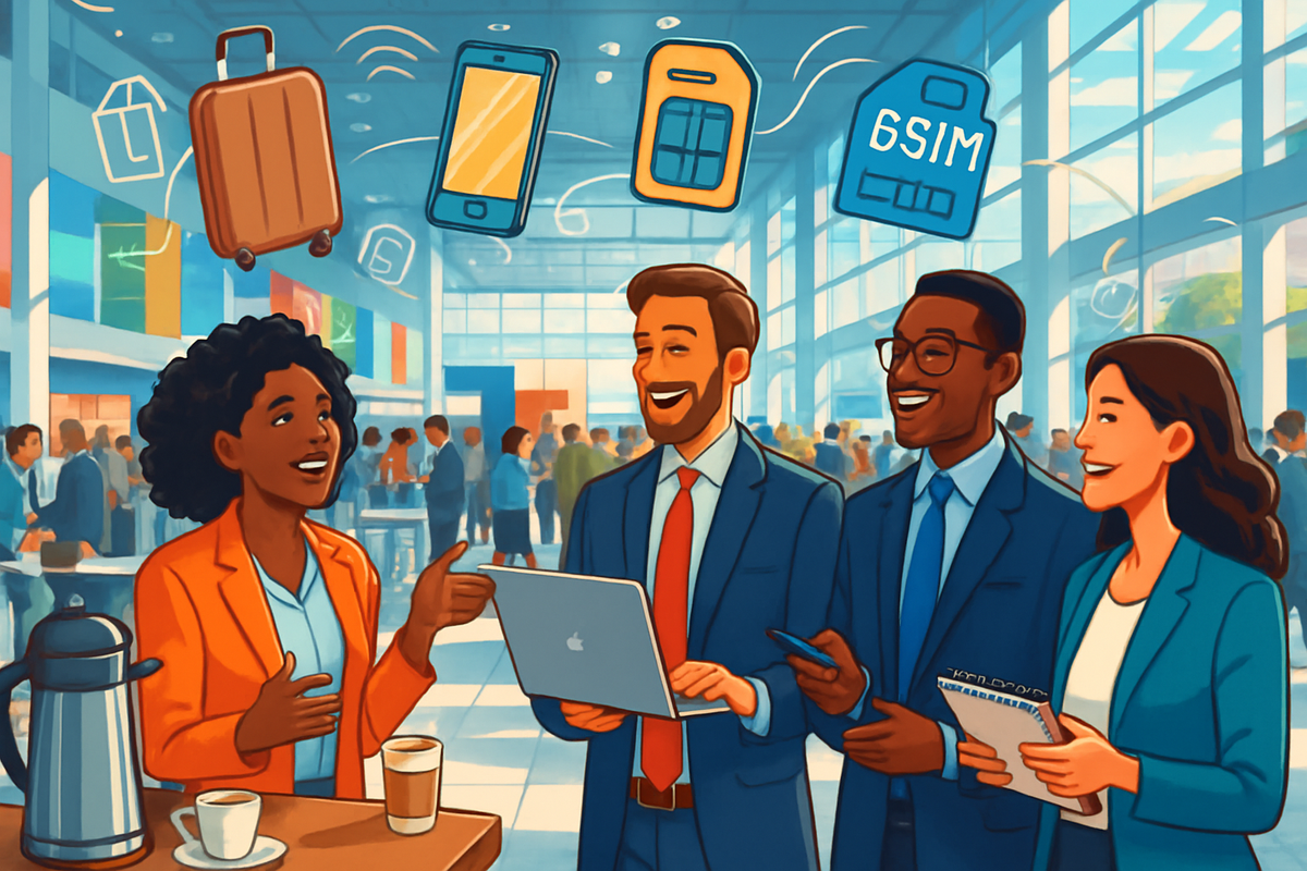 A group of professionally dressed individuals are engaged in a lively discussion in a modern airport setting, surrounded by technology and travel-related icons.