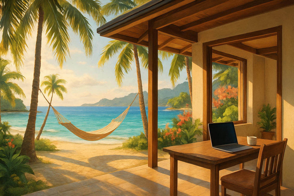 A serene tropical scene featuring a cozy workspace with a laptop, overlooking a beach and palm trees.