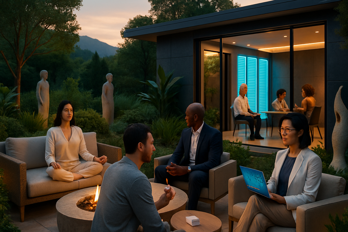 A serene outdoor gathering features individuals engaged in meditation and conversation, surrounded by lush greenery and modern sculptures.