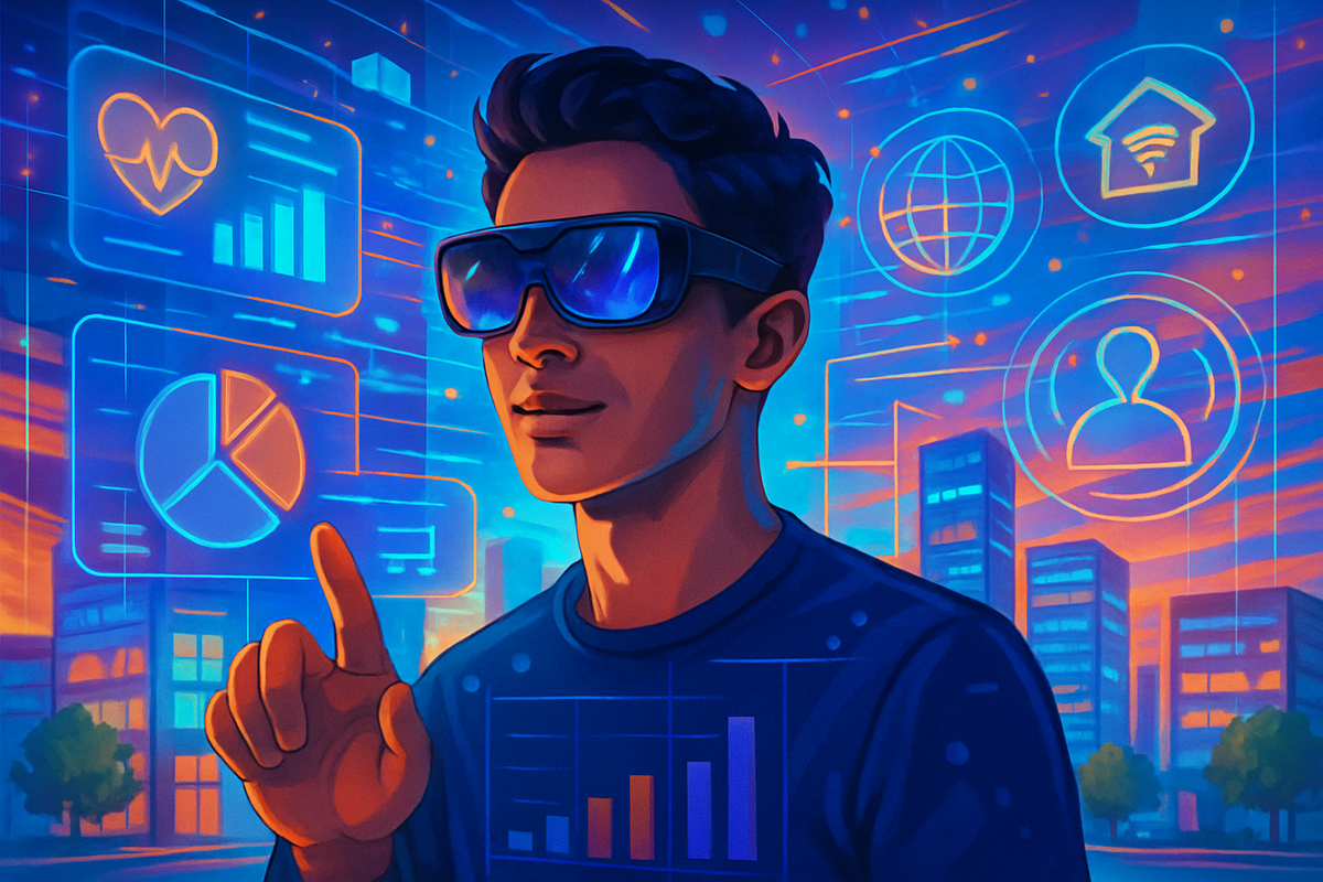 A young man in futuristic glasses stands with one finger raised against a vibrant, technological background filled with data visuals and cityscape.