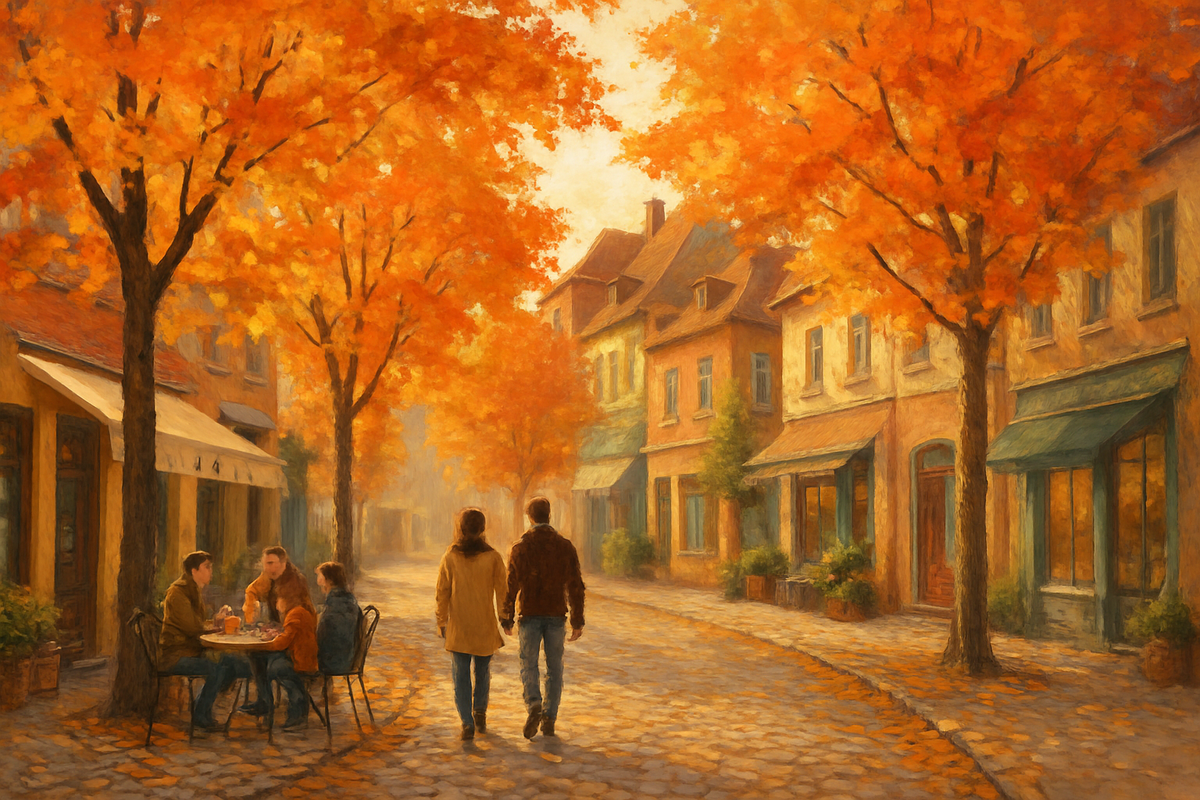 A couple strolls hand in hand through a picturesque street adorned with vibrant orange trees and charming shops, capturing the essence of autumn.