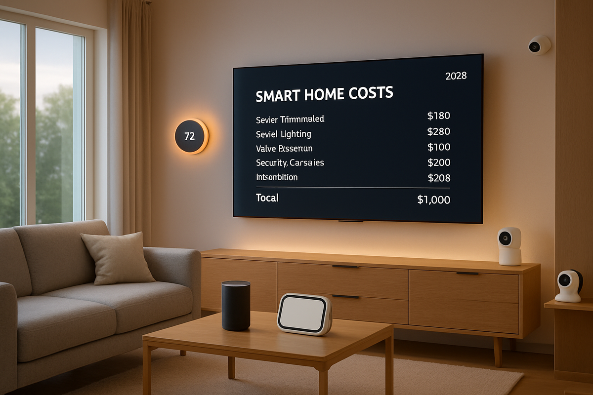 The image shows a modern living room with a screen displaying smart home costs and a temperature indicator.