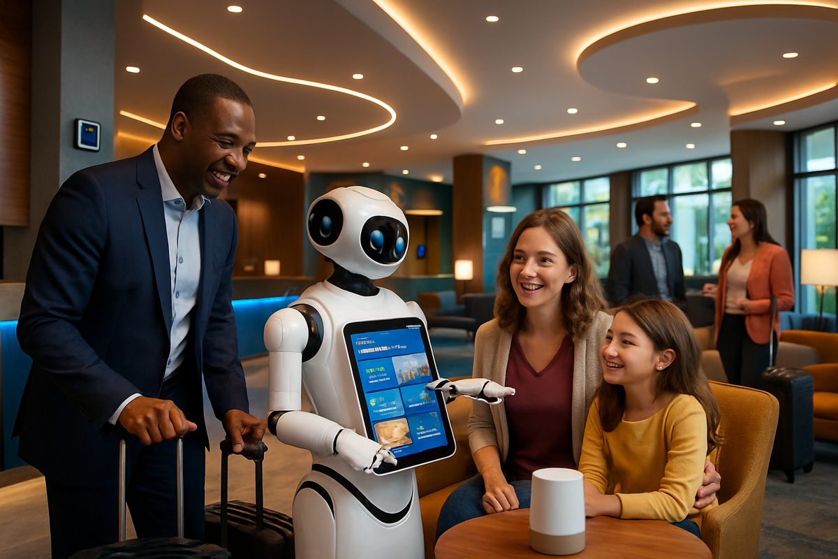 The image shows a friendly robot interacting with a man, woman, and girl in a modern hotel lobby, all smiling and engaged in conversation.