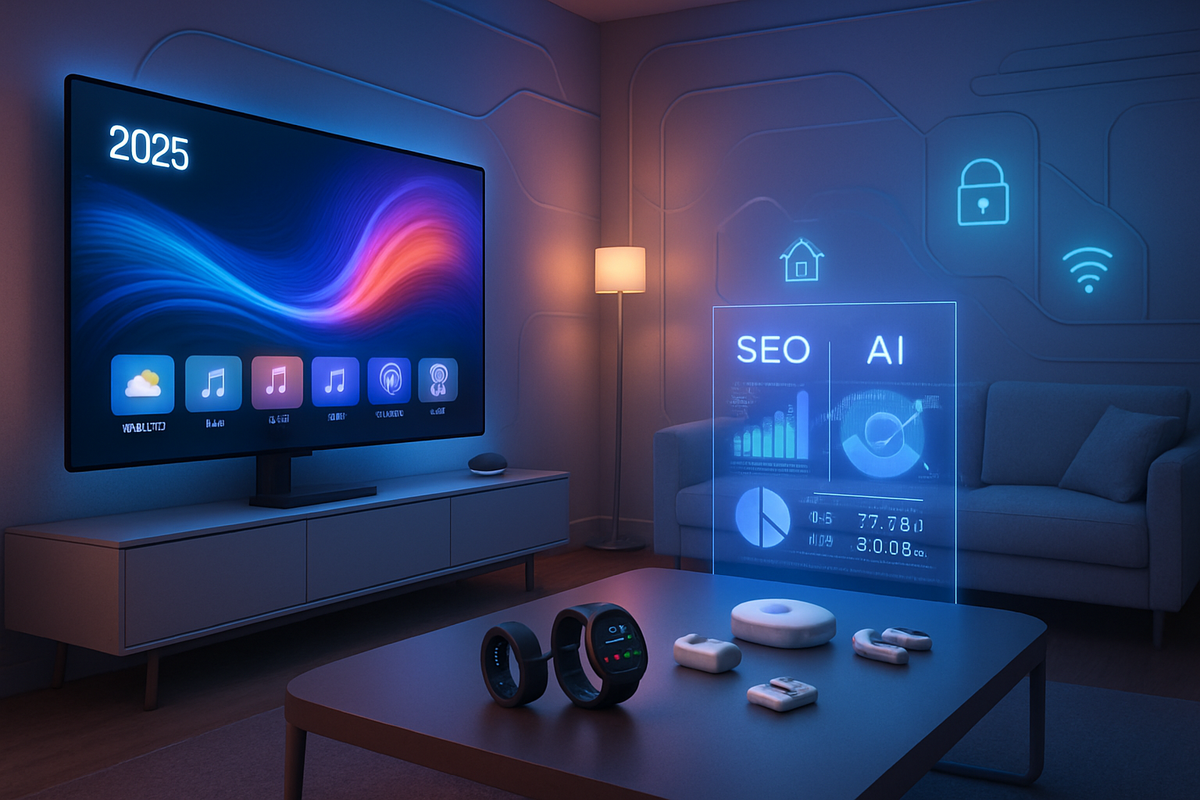 The image depicts a modern living room with a large TV displaying digital content alongside futuristic interfaces for SEO and AI analytics, all set in a blue-lit environment.