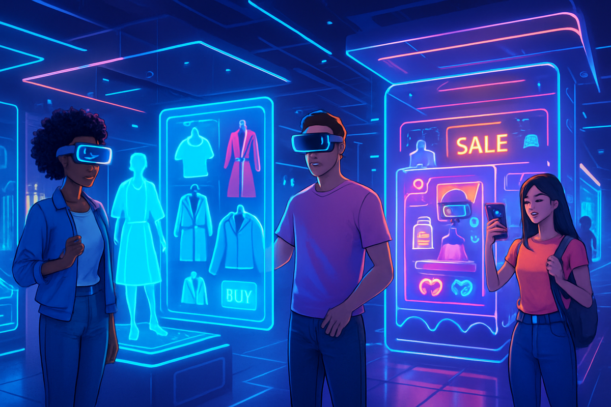 The image depicts three people interacting in a vibrant, futuristic shopping environment featuring neon displays and virtual reality elements.