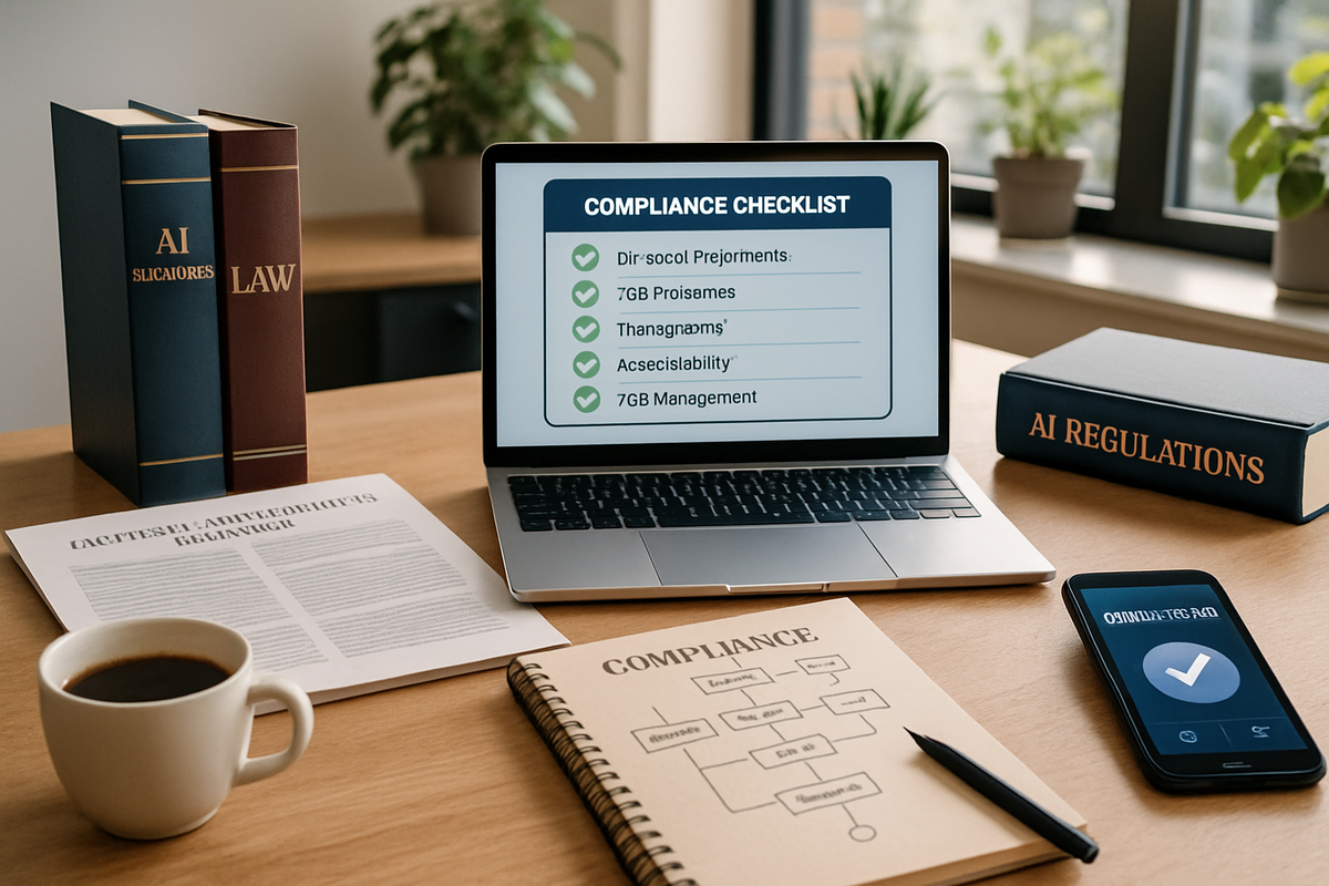 The image shows a workspace with a laptop displaying a compliance checklist, a coffee cup, a notepad titled "COMPLIANCE," legal books, and a smartphone on a wooden table.