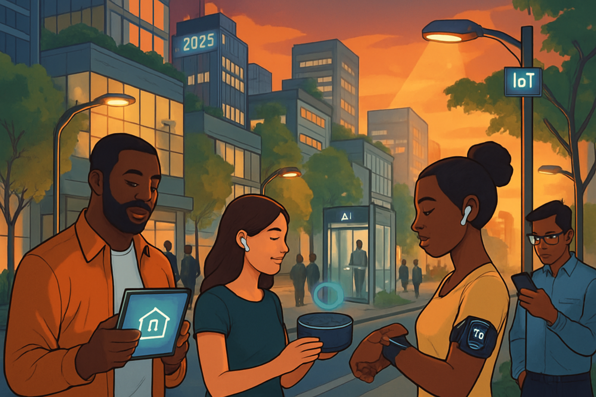 The image depicts a vibrant urban scene at sunset where diverse individuals engage with technology, including smart devices and wearable gadgets.