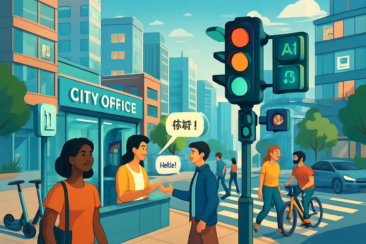 The image depicts a busy city scene with a "City Office" building, pedestrians interacting, and traffic signals in a vibrant urban environment.