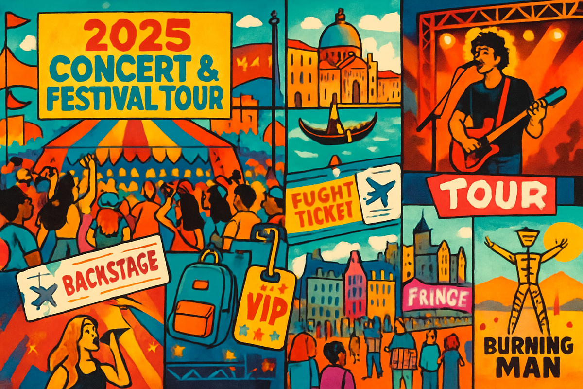 The image features a vibrant, colorful collage promoting the 2025 concert and festival tour, highlighting elements like performances, travel, and iconic events.