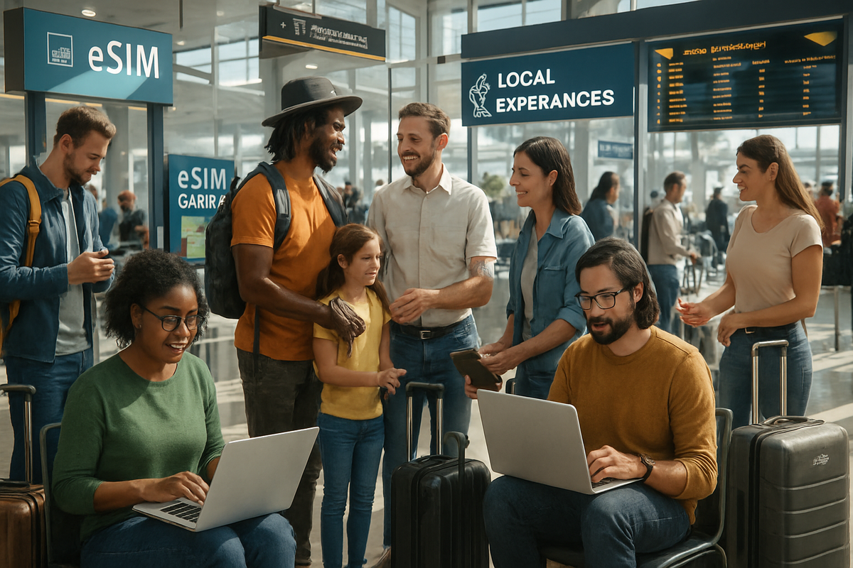 The image shows a diverse group of people interacting in an airport setting with luggage and technology, suggesting a scene of travel and communication.