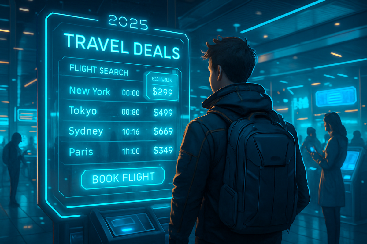 A traveler stands in an illuminated airport terminal, engaging with a futuristic flight deals display featuring various international destinations and prices.