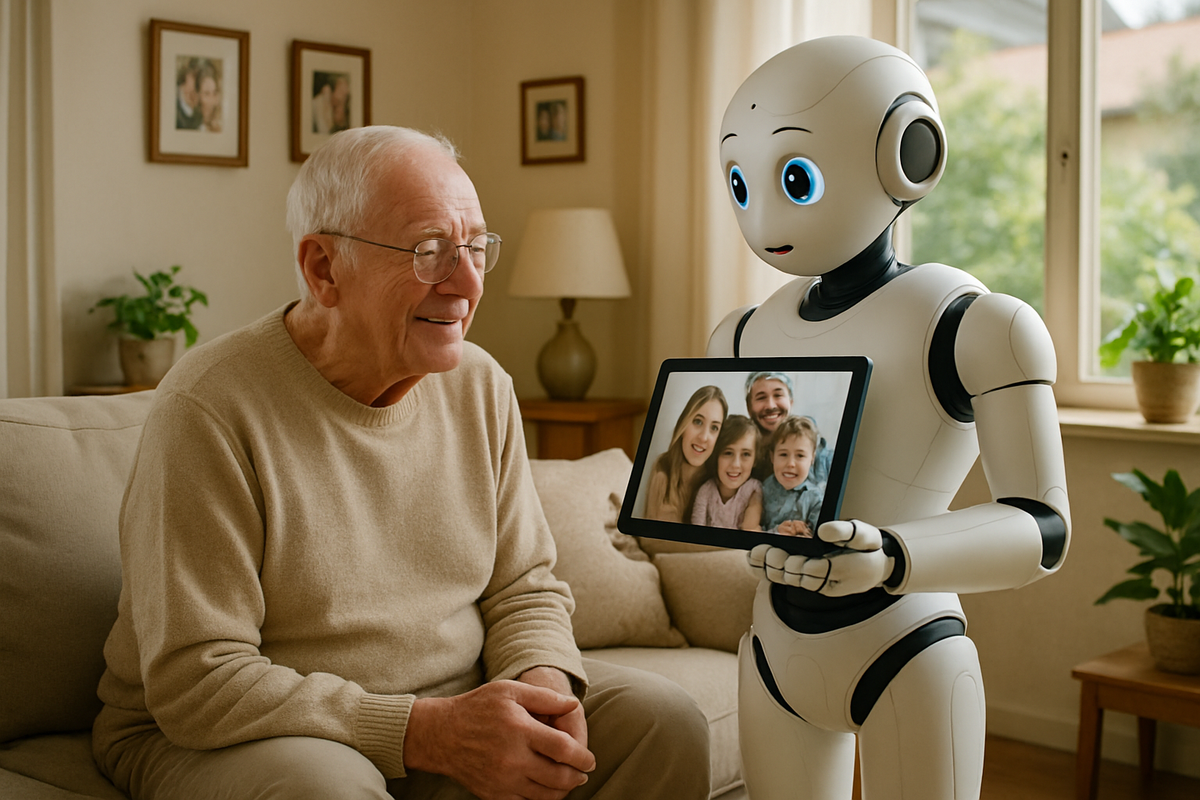 An elderly man smiles while a robot presents a tablet displaying a family photo.