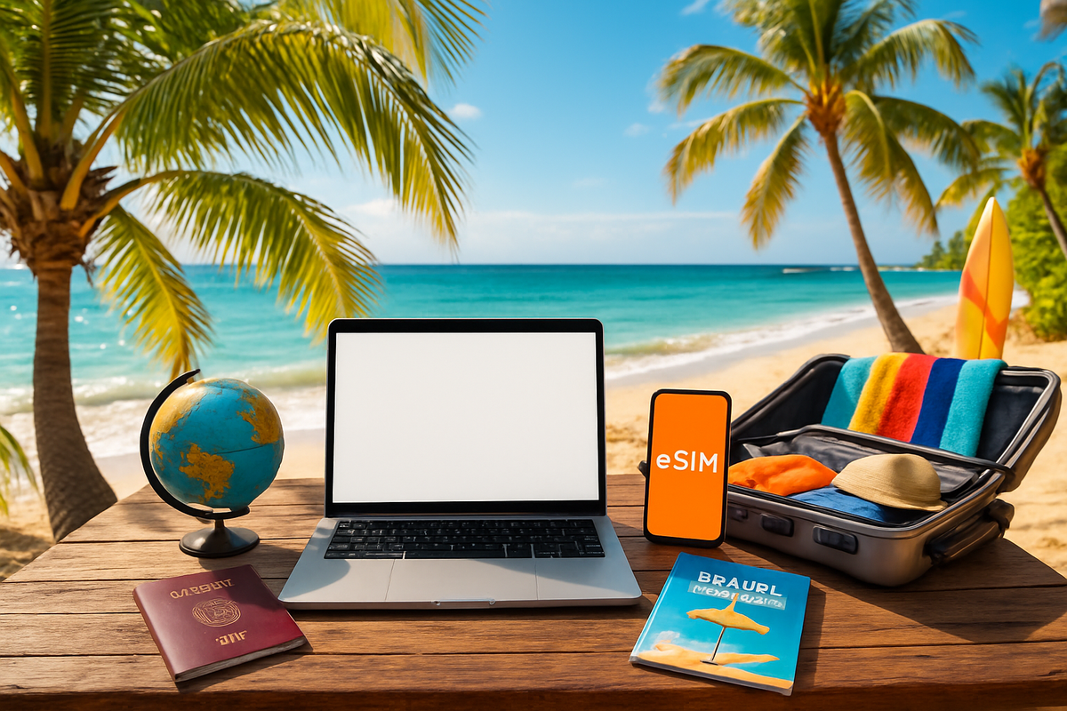 A laptop, a smartphone displaying "eSIM," a globe, passport, a book, and a suitcase are set on a beachside table with palm trees and ocean in the background.