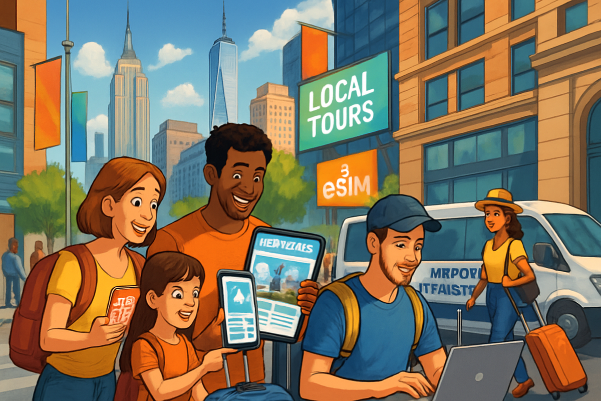 A group of four people in a city setting looks happy while engaging with mobile devices and a laptop, with buildings and signs in the background.