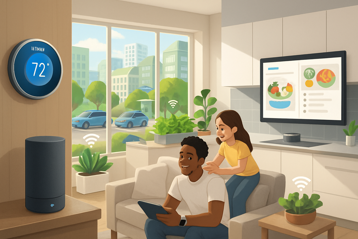 The image depicts a cozy living room with a man and a smiling woman using digital devices, surrounded by plants and a smart thermostat.