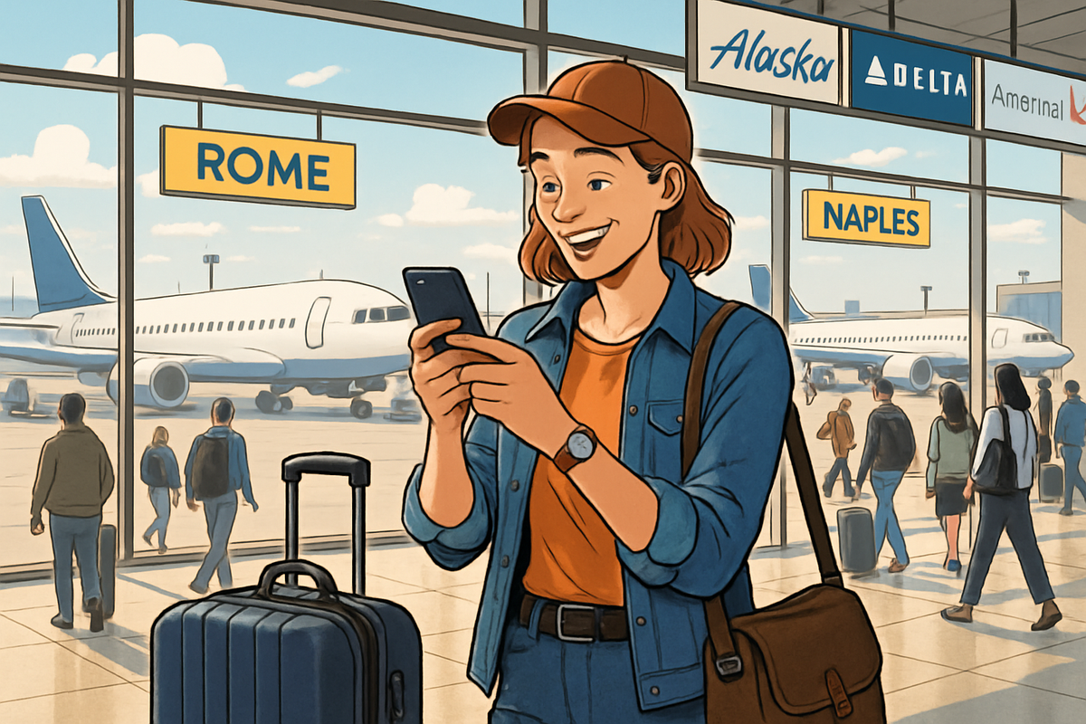 A smiling young woman checks her phone at an airport with "Rome" and "Naples" signs visible and planes in the background.