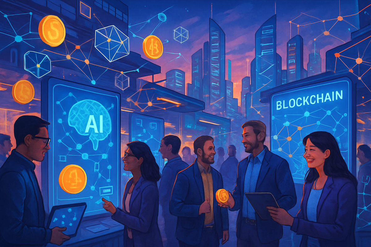 The image depicts a futuristic networking event with people discussing technology, highlighted by digital displays showcasing AI and blockchain concepts amidst a city skyline.