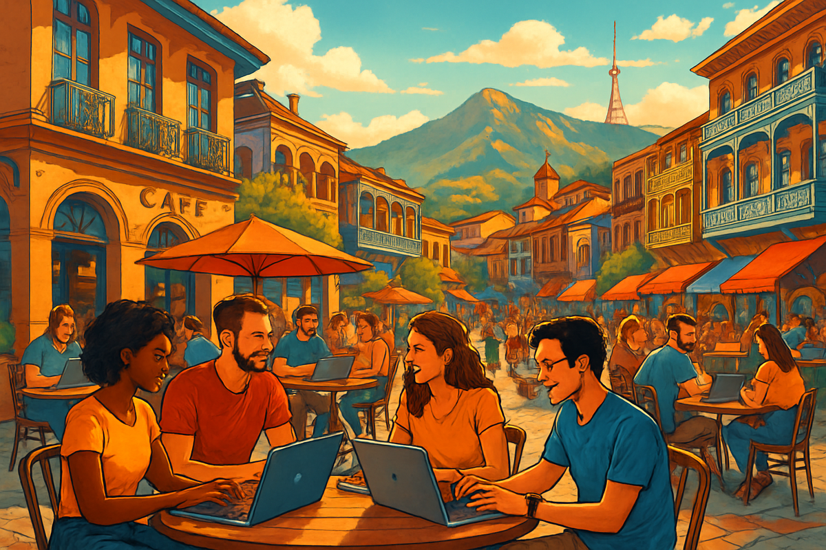 The image depicts a lively outdoor café scene with people working on laptops, surrounded by colorful buildings and a mountain in the background.