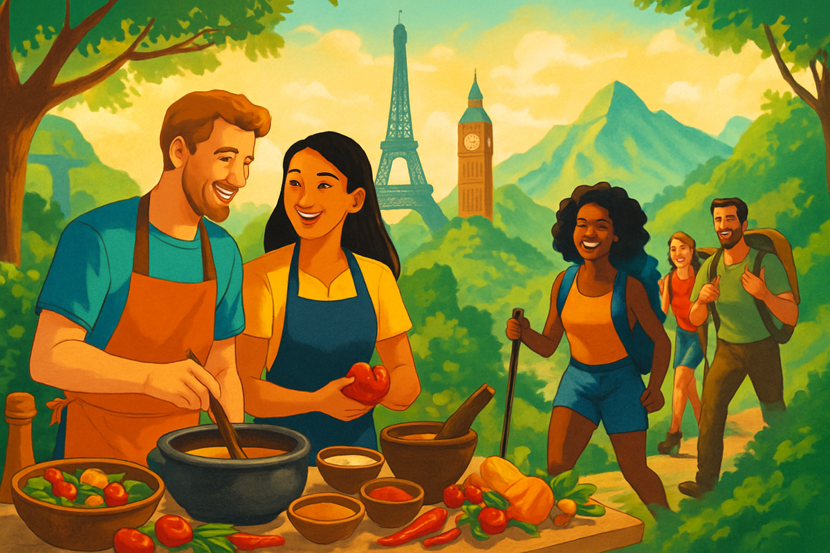 The image depicts a joyful outdoor scene with two people cooking at a table surrounded by fresh vegetables, while two hikers approach in the background with iconic landmarks visible.