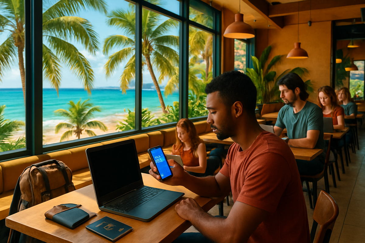 A young man sits at a table in a cafe with a laptop and smartphone, overlooking a tropical beach through large windows, while others work nearby.