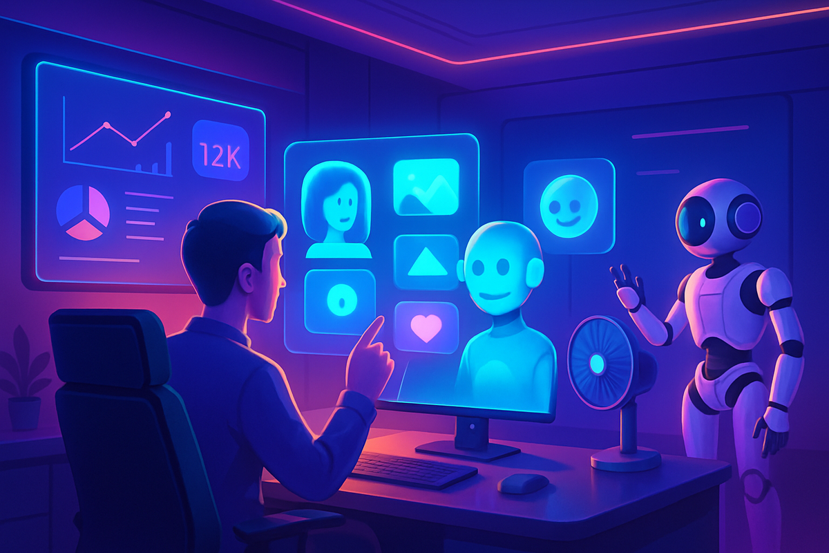 A person interacts with a futuristic interface displaying data and virtual avatars while a robot stands beside them.