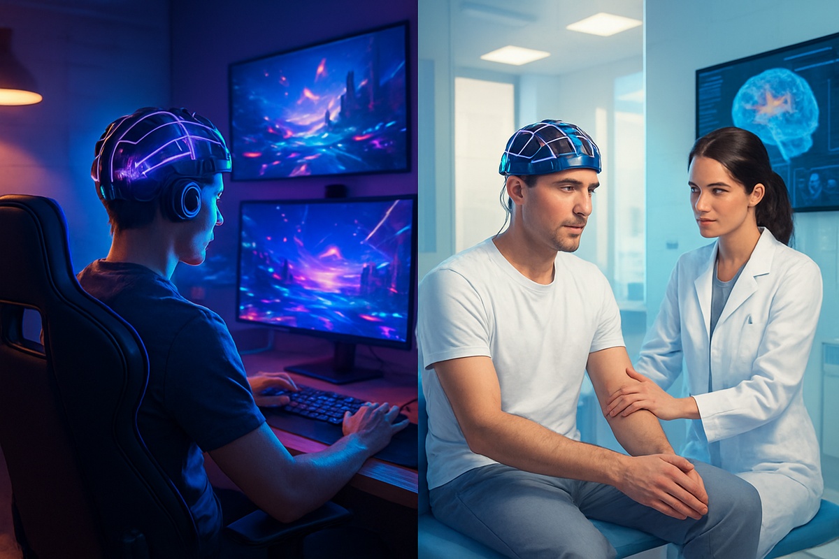 The image juxtaposes a gamer wearing a futuristic headset at a computer and a man receiving medical attention from a woman in a lab coat, both with headgear suggesting advanced technology.