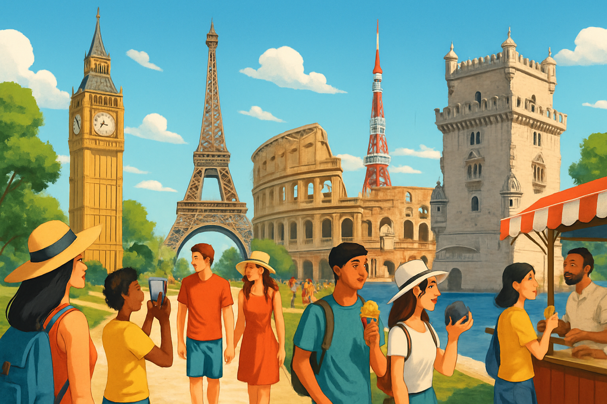 The image depicts a vibrant scene featuring iconic landmarks like the Eiffel Tower, Big Ben, and the Colosseum, with diverse tourists engaged in various activities on a sunny day.