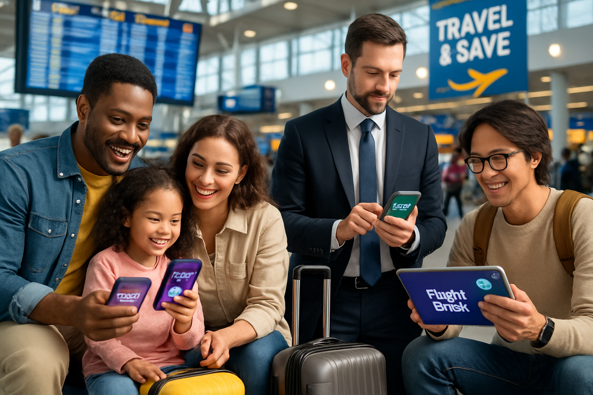 A diverse group of five people at an airport are smiling while looking at their phones and a tablet, surrounded by luggage and a flight information display.