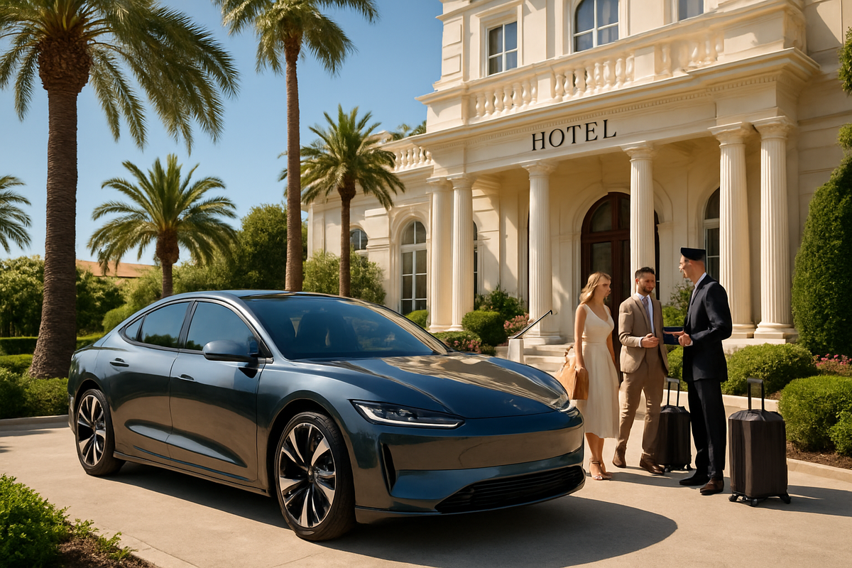 A luxurious hotel setting features a sleek car, a couple interacting with a bellhop while luggage is nearby.