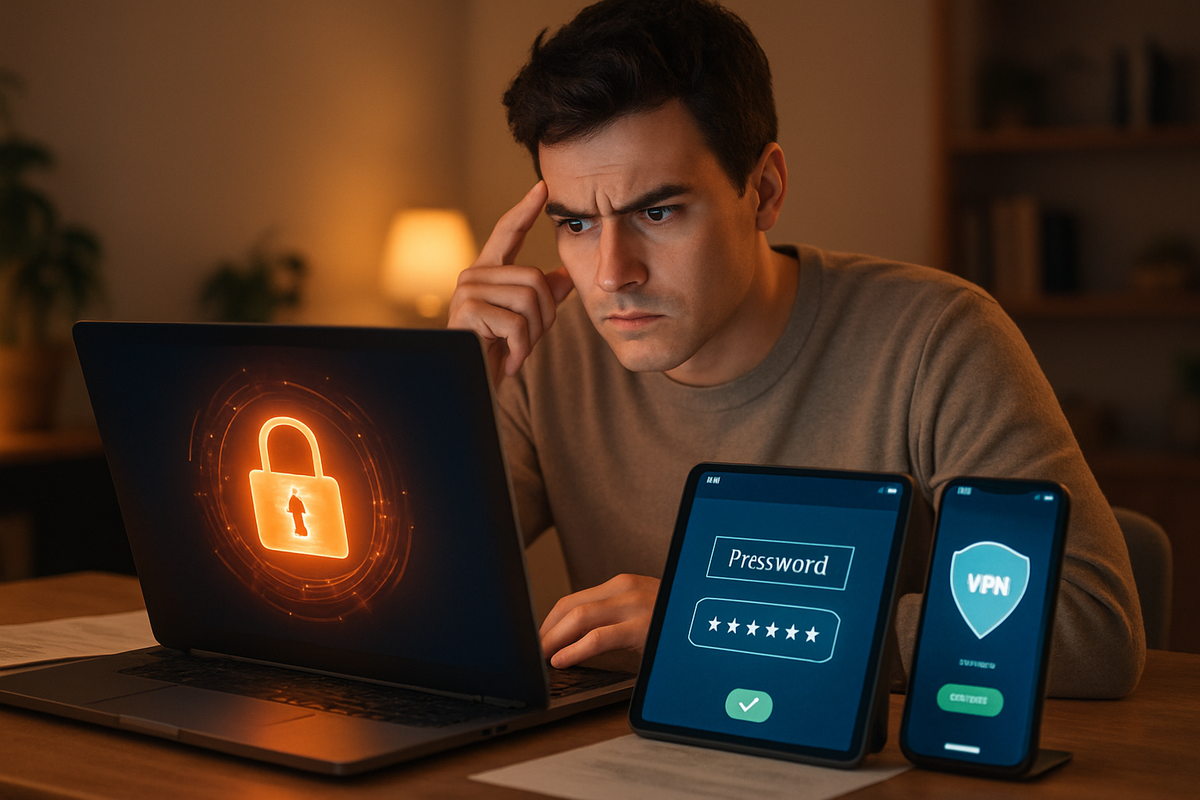 A young man is focused on his laptop, looking concerned while various security-related notifications appear on his devices.