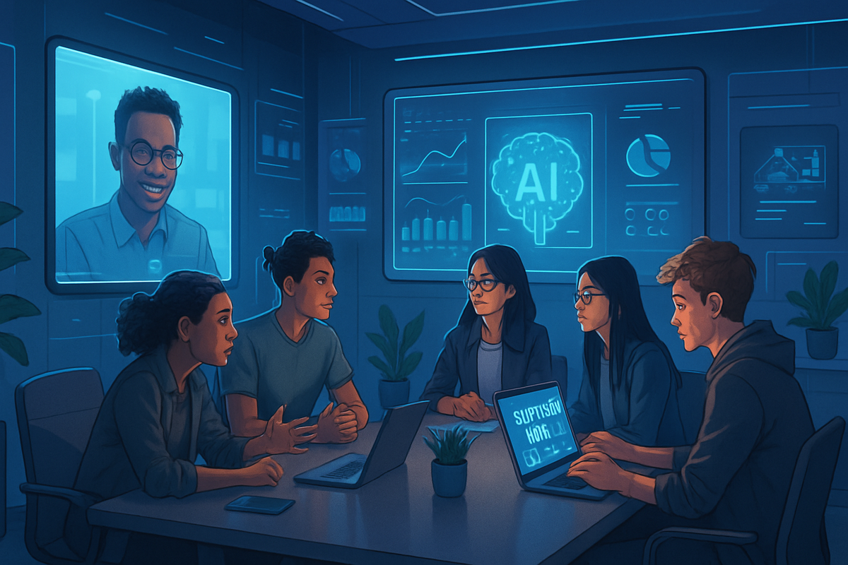 A diverse group of five people is engaged in a virtual meeting about AI, with a smiling participant displayed on a screen in a high-tech setting.