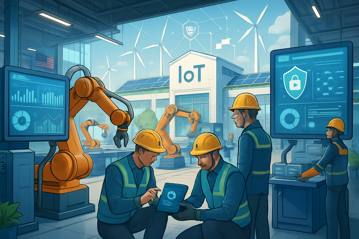 The image depicts a modern smart factory where workers in hard hats and safety vests are collaborating with robotic arms and digital screens, emphasizing IoT technology and automation.