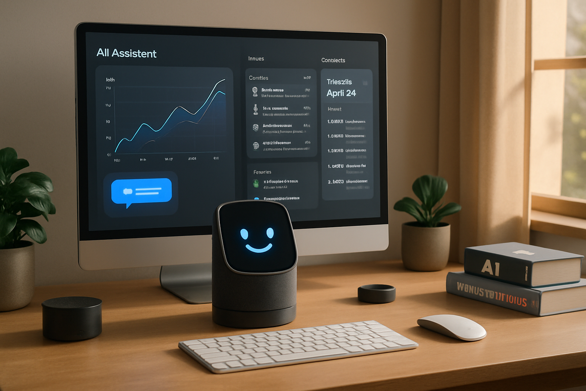 The image shows a desk setup featuring a computer displaying data analytics, a friendly-looking robotic assistant, a potted plant, and a stack of books.