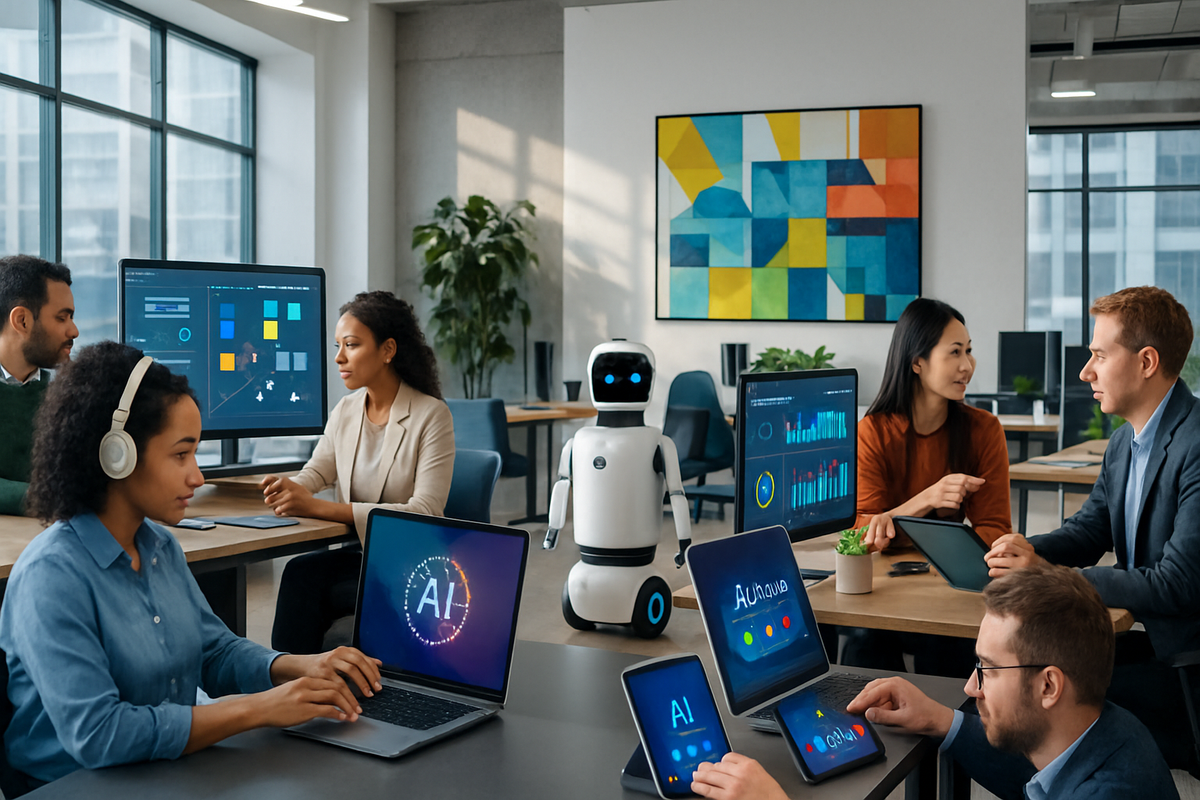 The image shows a group of diverse professionals collaborating in a modern office setting with multiple screens displaying data, while a robot stands among them.