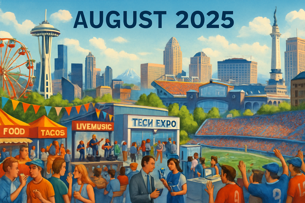 The image depicts a vibrant outdoor technology expo in August 2025, featuring food stalls, live music, and a backdrop of a city skyline with notable landmarks.