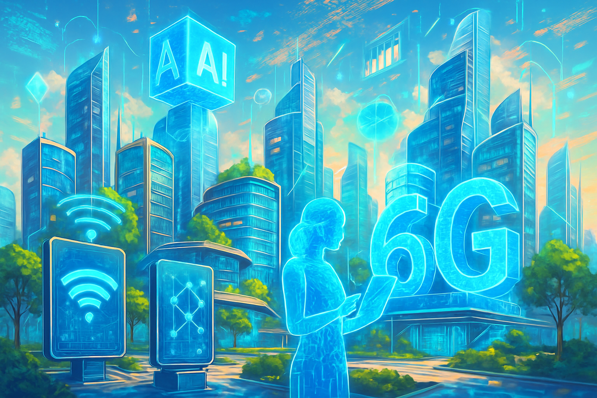 The image depicts a futuristic cityscape with transparent skyscrapers, wireless symbols, and a figure interacting with technology, highlighting themes of AI and 6G connectivity.